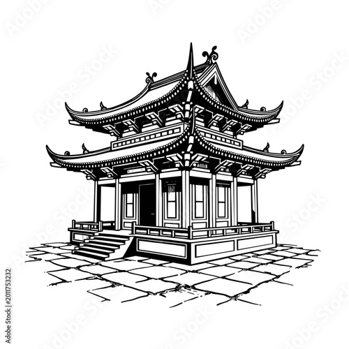 Vintage Asian pagoda pavilion illustration in engraved monochrome oriental style. Concept of traditional architecture and cultural heritage - spiritual landmark