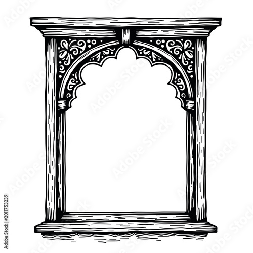 Vintage oriental decorative frame illustration in engraved monochrome Asian style. Concept of cultural ornament and elegant traditional design - ornamental border