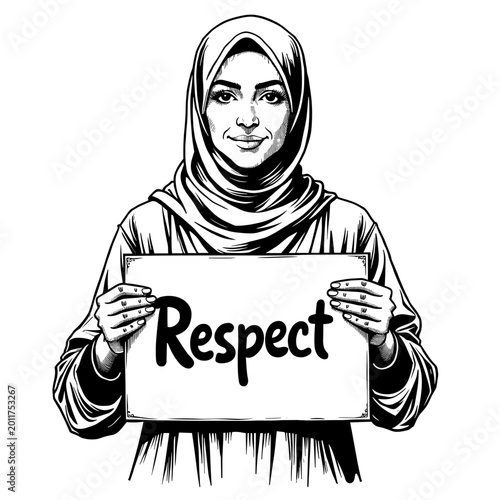 Vintage Muslim woman holding respect sign illustration in engraved monochrome style. Concept of Islamic culture and social equality - respectful representation