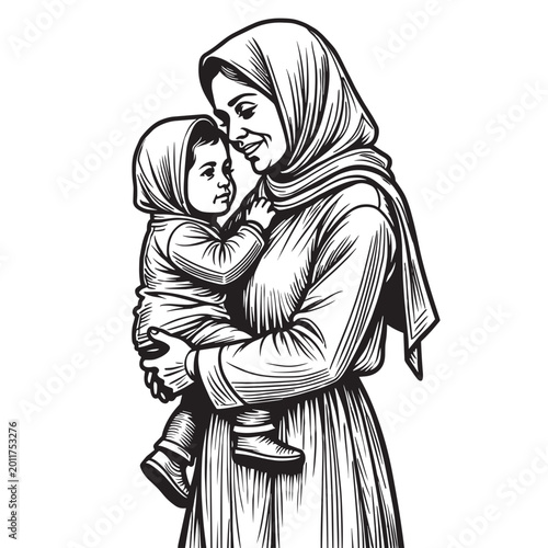 Vintage Muslim mother holding child illustration in engraved monochrome style. Concept of Islamic family values and motherhood - cultural representation