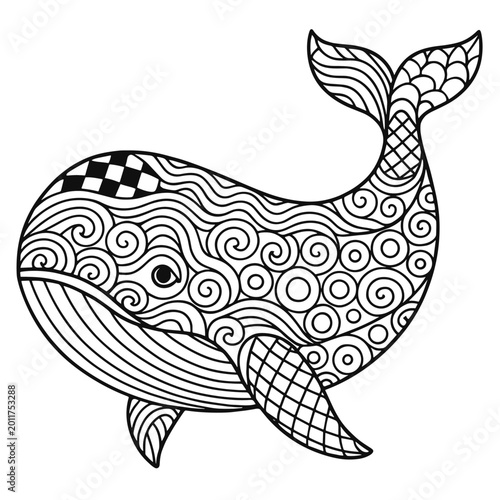 Whale zentangle illustration with ornate patterns in monochrome doodle style. Concept of mindfulness art and ocean creativity - decorative marine design
