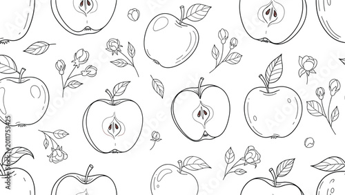 Elegant black and white seamless pattern featuring outline drawings of whole and halved apples, along with delicate apple blossoms and leaves, creating a sophisticated botanical design.