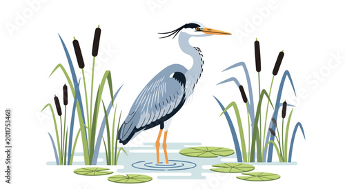 Photos Graceful grey heron vector illustration standing in tranquil wetland, surrounded