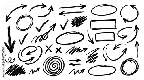 Hand drawn marker signage collection, sketchy shapes in black ink, arrows, circles, checkmarks, boxes, and scribbles.