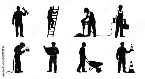 Tableau sur toile Silhouettes of diverse construction workers performing various manual labor task