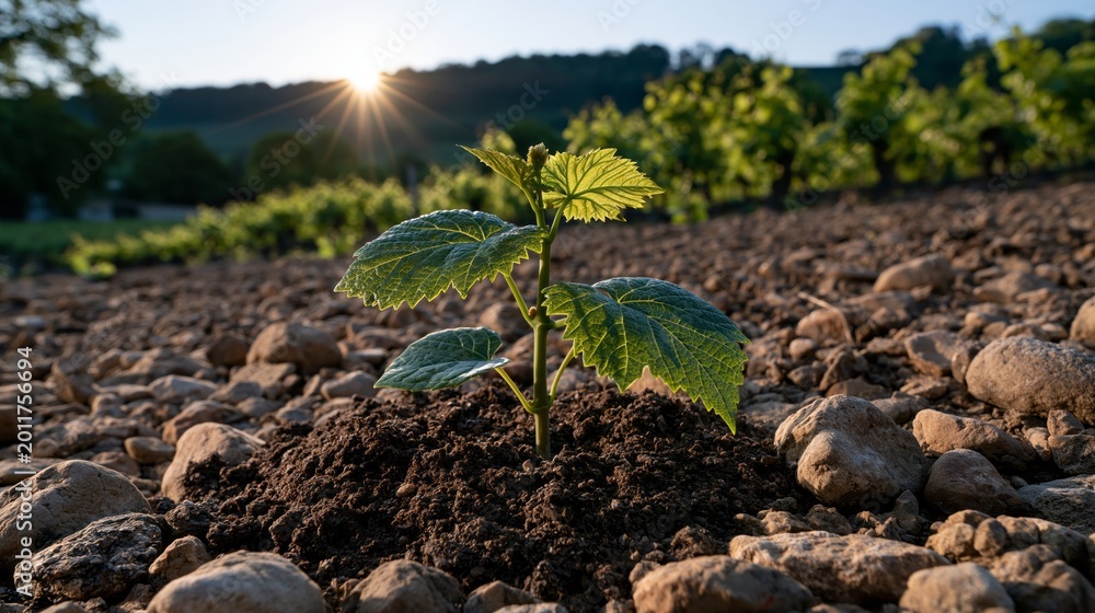 Fototapeta premium Sunlight shines over a young plant emerging from rocky soil