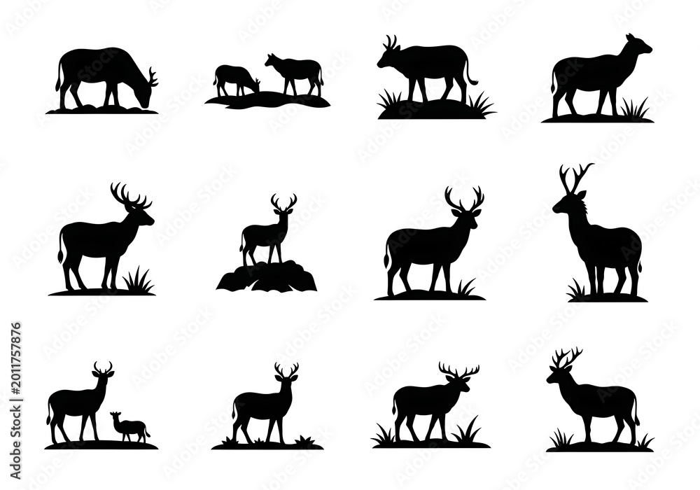 Obraz premium Deer Silhouettes Standing Grazing on Grassy Meadow