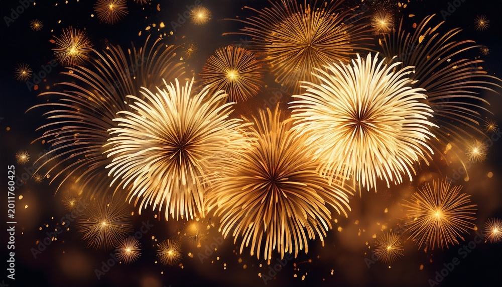 Fototapeta premium a large fireworks display with blooming fireworks in the sky bursting into four small sparks exploding in golden and white colors against a fireworks background