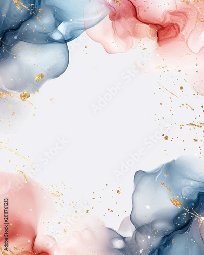 Blue and pink liquid paint splash with gold circle frame