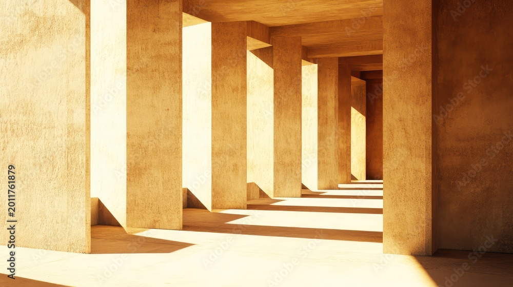 Fototapeta premium Abstract concrete architecture featuring a perspective of multiple columns bathed in warm sunlight, casting long, geometric shadows across the floor, creating a minimalist and serene atmosphere