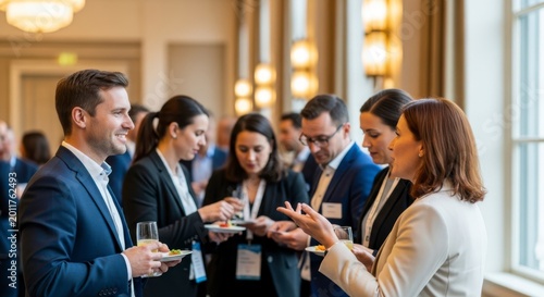 business professionals networking at an event with food and drinks high quality