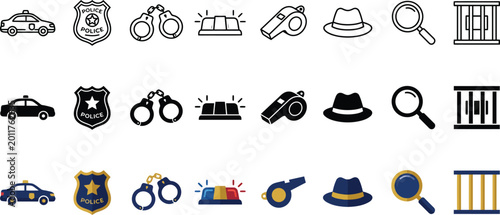 Foto Law enforcement and crime icons set: police car badge handcuffs siren whistle ha