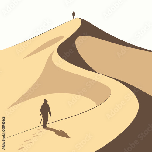 фотографія Hiker ascending desert sand dune with person waiting at the summit, climbing