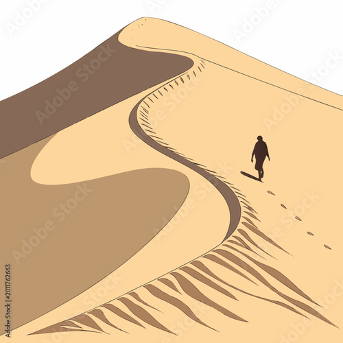 фотографія Solo hiker walking along curved sand dune ridge in desert landscape