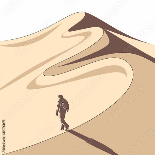 Fotografie Hiker walking across large desert sand dune landscape graphic illustration