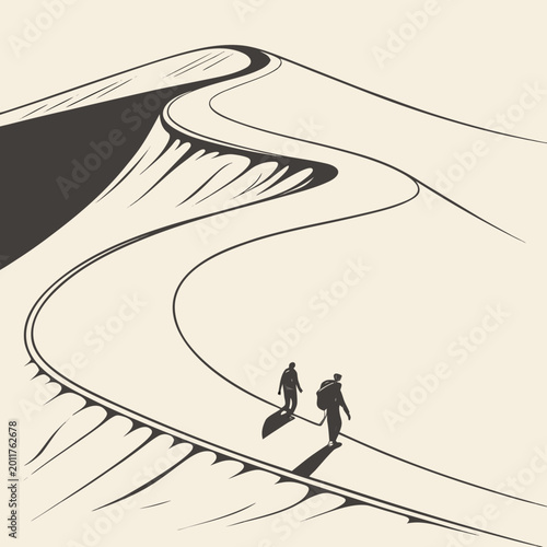Bilde på lerret Two hikers trekking along desert ridge graphic line art illustration