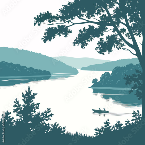 Tableau sur toile Small boat sailing on calm mountain lake landscape silhouette with landscape