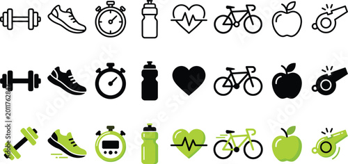 Canvas Print Fitness and health icons set: dumbbell sneaker stopwatch water bottle heartbeat