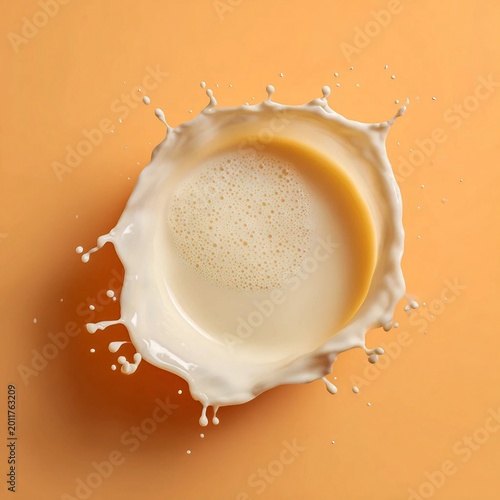 milk splash, liquid, creamy texture, beverage, abstract, splash crown, circular motion, foam bubbles, minimal background, orange backdrop, dynamic, fluid motion, high speed photography, macro, smooth