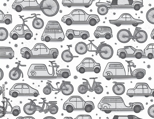 seamless cars and bikes pattern grey on white background