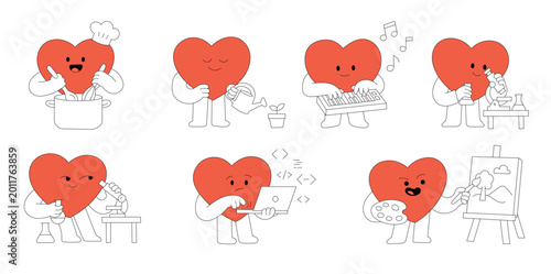 Bilde på lerret Adorable heart characters pursuing diverse hobbies and professions like cooking, gardening, music, science, coding, and art
