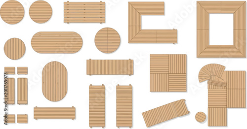 Wooden decking floor plan elements in various geometric shapes for landscape design and architectural planning vector illustration