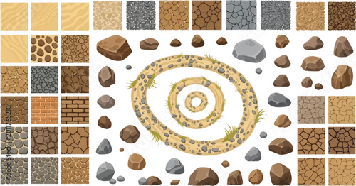 Collection of seamless ground textures and rock assets for game design including sand stone and dirt vector illustration