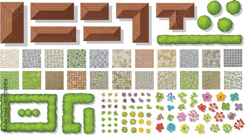 Top view architectural landscape design elements including roof tiles paving stones hedges and garden plants for map creation vector