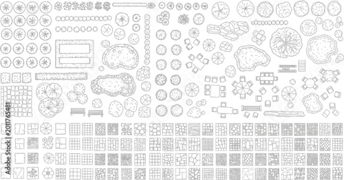 Landscape architecture design symbols set featuring trees furniture ponds and paving patterns for site plan mapping vector illustration