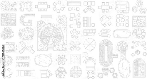 Landscape design symbols and outdoor furniture icons for garden planning and architectural site mapping in top view vector illustration
