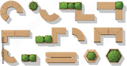 Top view vector set of modular wooden park benches and garden planters for landscape design and urban architectural planning