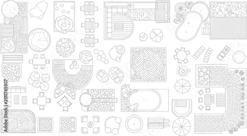 Landscape design plan symbols and garden elements collection for architectural site planning and outdoor space layout vector illustration