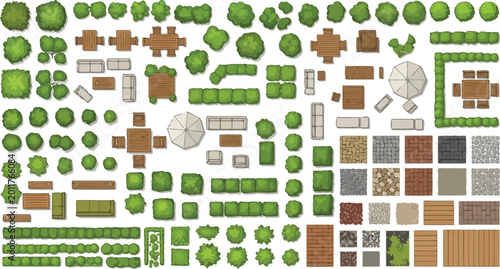 Landscape design elements kit with top view trees bushes outdoor furniture and paving textures for garden planning vector
