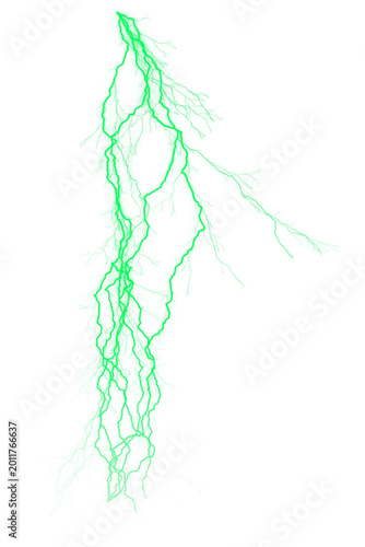 Current green vertical lightning with thick bolts and fine branches, strong energy surge effect on a transparent background.