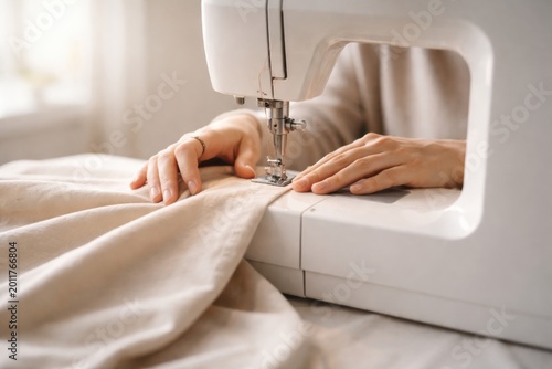 A person uses a sewing machine to stitch beige fabric, focusing on the fabric guiding and needle area.