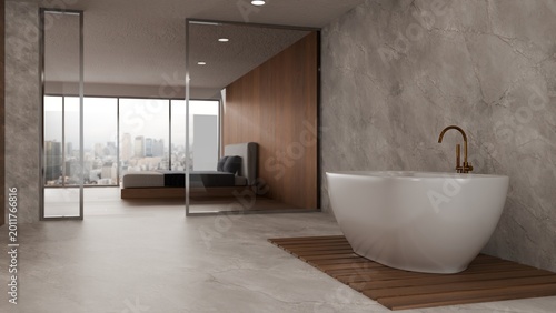 Obraz na plátně Elegant contemporary bathroom with freestanding bathtub marble walls and panoram