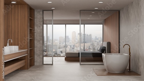 Foto Elegant contemporary bathroom with freestanding bathtub marble walls and panoram