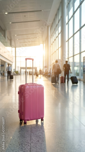 Pink suitcase standing in airport terminal. Traveler luggage waiting in departure hall. Journey and vacation concept. Air travel and transportation industry with terminal interior background.