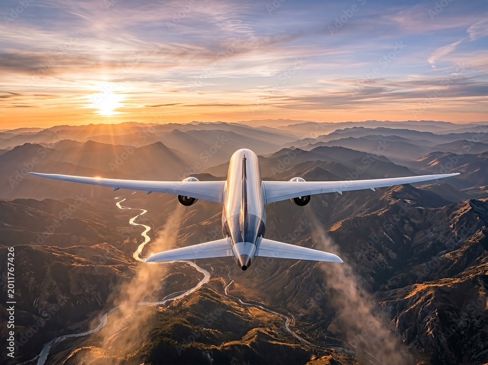 Fototapeta premium Airplane flying over mountains with the sun rising, creating a scenic view.