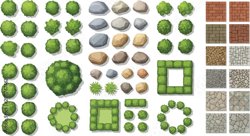 Top view landscape design elements set with bushes trees rocks and paving textures for garden planning vector illustration