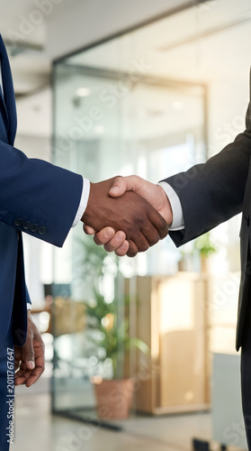 Businessmen shaking hands during a professional meeting. Agreement between two diverse men in formal suit in an office. Successful partnership, teamwork, cooperation and business deal.