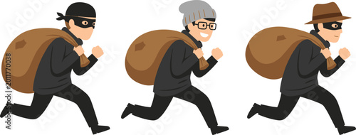 Photography Cartoon thief character collection with masked burglars carrying money bags for