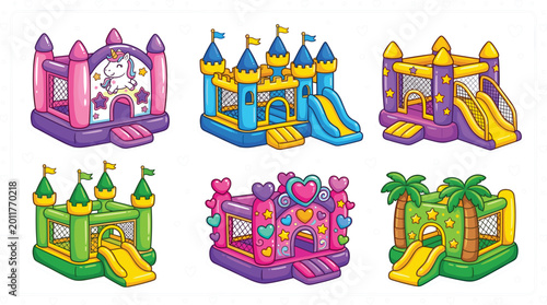 Obraz na płótnie Inflatable Bounce House Vector Set with Colorful Slides, Castle-Style Structures, Unicorns, Hearts, and Palm Trees for Kids, Party, Playground, and Cartoon Illustrations
