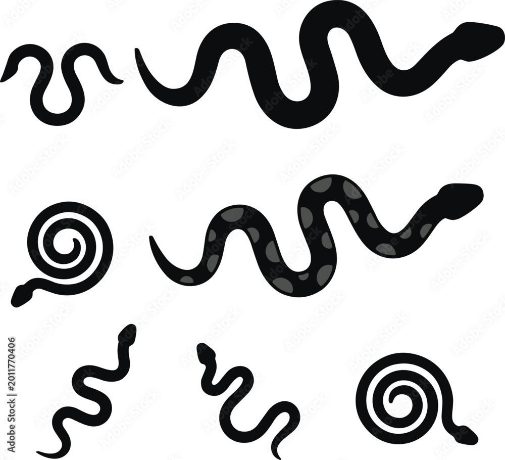 Obraz premium Set of snake silhouettes and spiral shapes isolated on white background reptile icons for tattoo logo and design