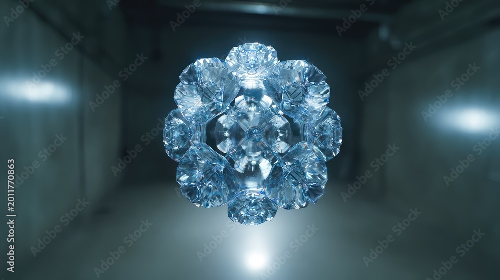 Fototapeta premium Blue transparent crystal object featuring a complex geometric pattern reflecting light in a dark ethereal environment, symbolizing technology, energy, and abstract concepts