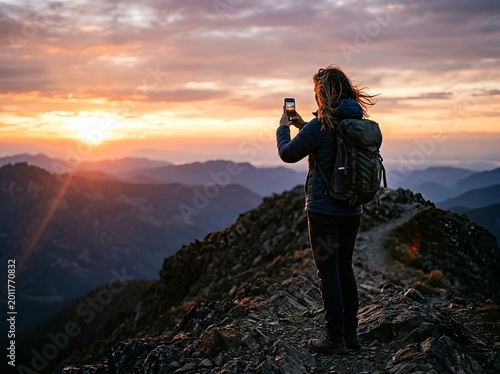 A woman stands on a mountain peak photographing the sunset with her phone, enjoying nature.