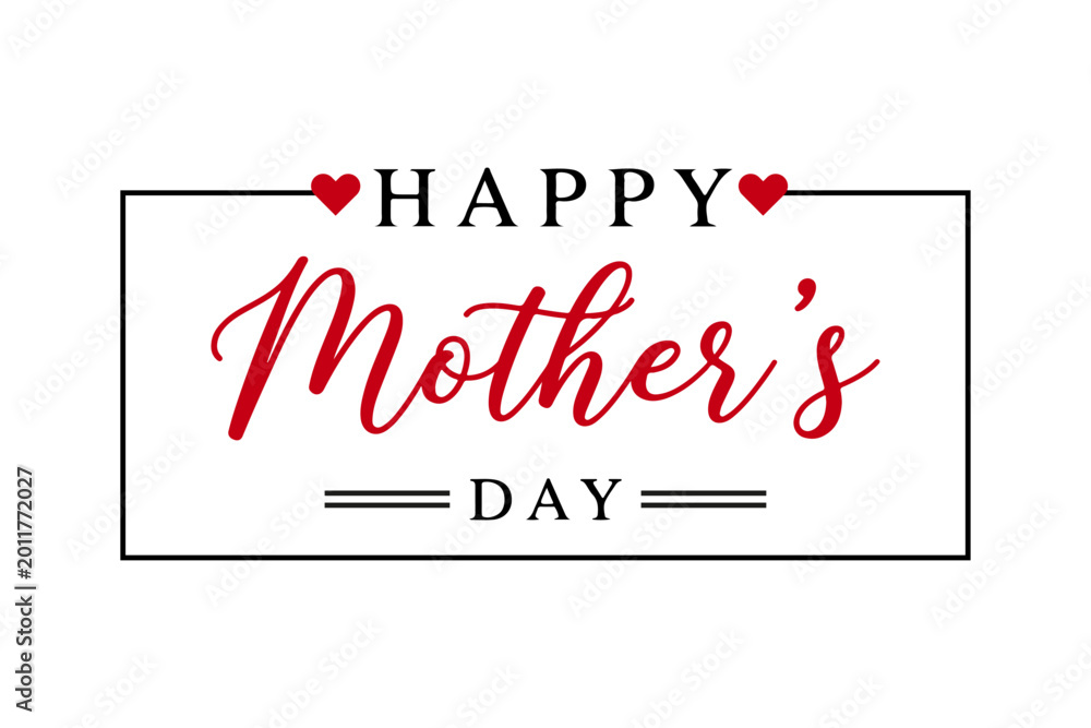 Naklejka premium Elegant Happy Mother's Day design in a black frame with red hearts. Available as vector EPS, high-res JPG, and transparent PNG for cards and banners.