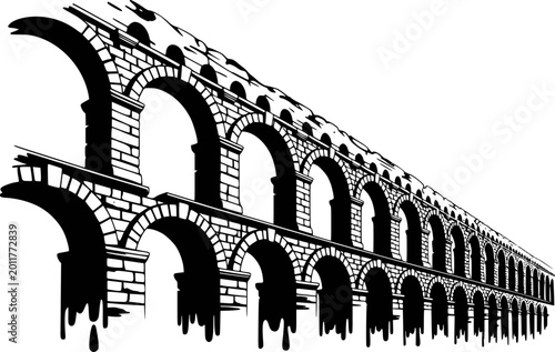 Stylized black and white of a roman aqueduct with arches architecture ancient structure