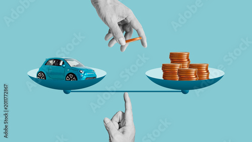Car cost vs money savings concept, balancing expenses and budget, vehicle affordability, financial decision making, comparing spending and savings, personal finance management and economic choice