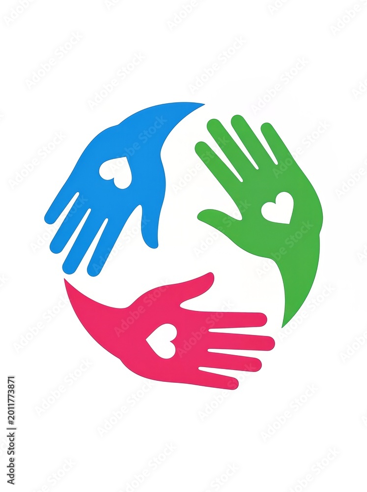 Obraz premium Three colorful hands in a circular arrangement symbolize unity and collaboration.